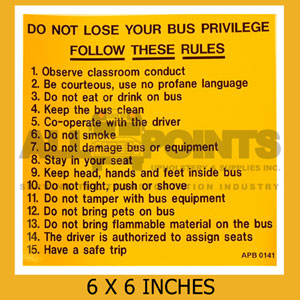 DECAL - SCHOOL BUS RULES, 6X6", BLACK ON YELLOW